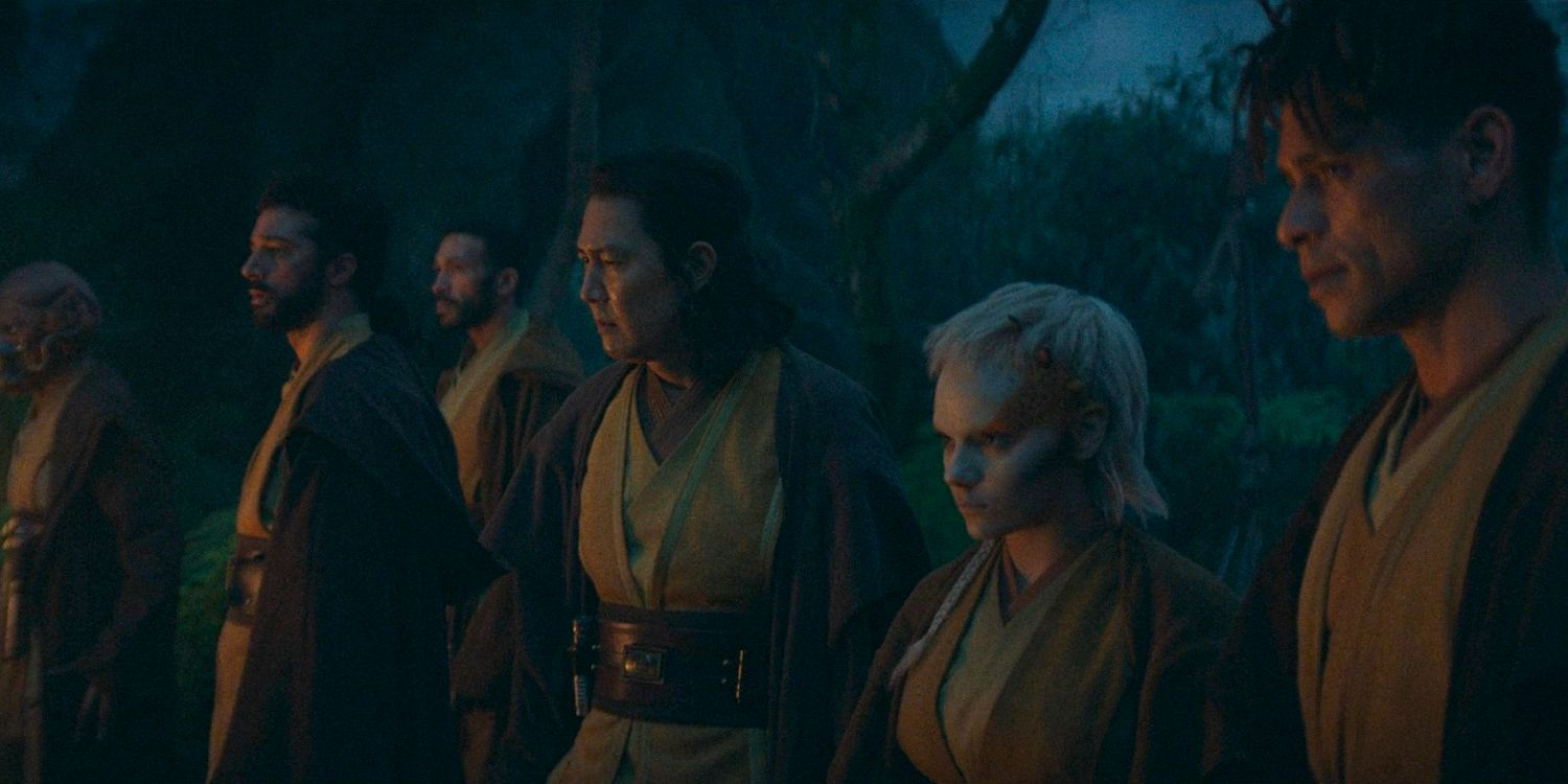 Master Sol (Lee Jung-jae), Jecki Lon (Dafne Keen), and Yord Fandar (Charlie Barnett) and other Jedi in The Acolyte season 1 episode 4