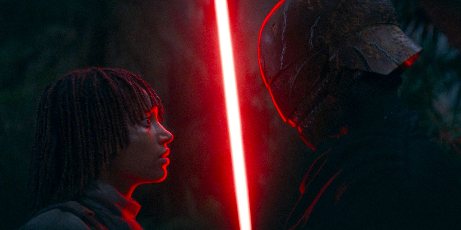 Osha (Amandla Stenberg) facing the Sith who threatens her with his red lightsaber in The Acolyte season 1 episode 4