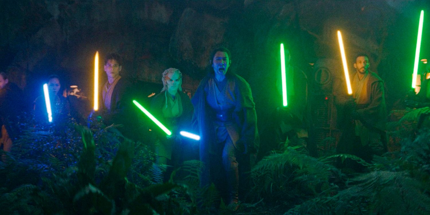 Master Sol (Lee Jung-jae), Jecki Lon (Dafne Keen), and Yord Fandar (Charlie Barnett) wielding their lightsabers to fight against the Sith in The Acolyte season 1 episode 4