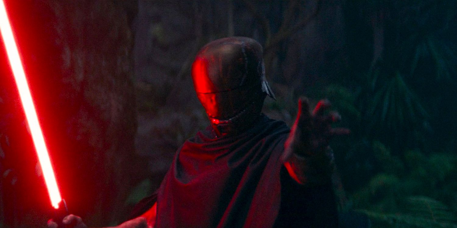 A Sith holding his red lightsaber and using the Force in The Acolyte season 1 episode 4