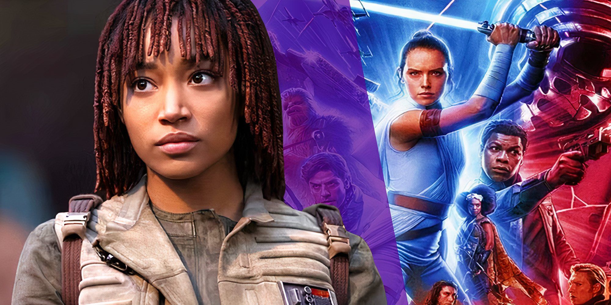 Amandla Stenberg as Osha in The Acolyte (2024) next to the poster for Star Wars: The Rise of Skywalker (2019)