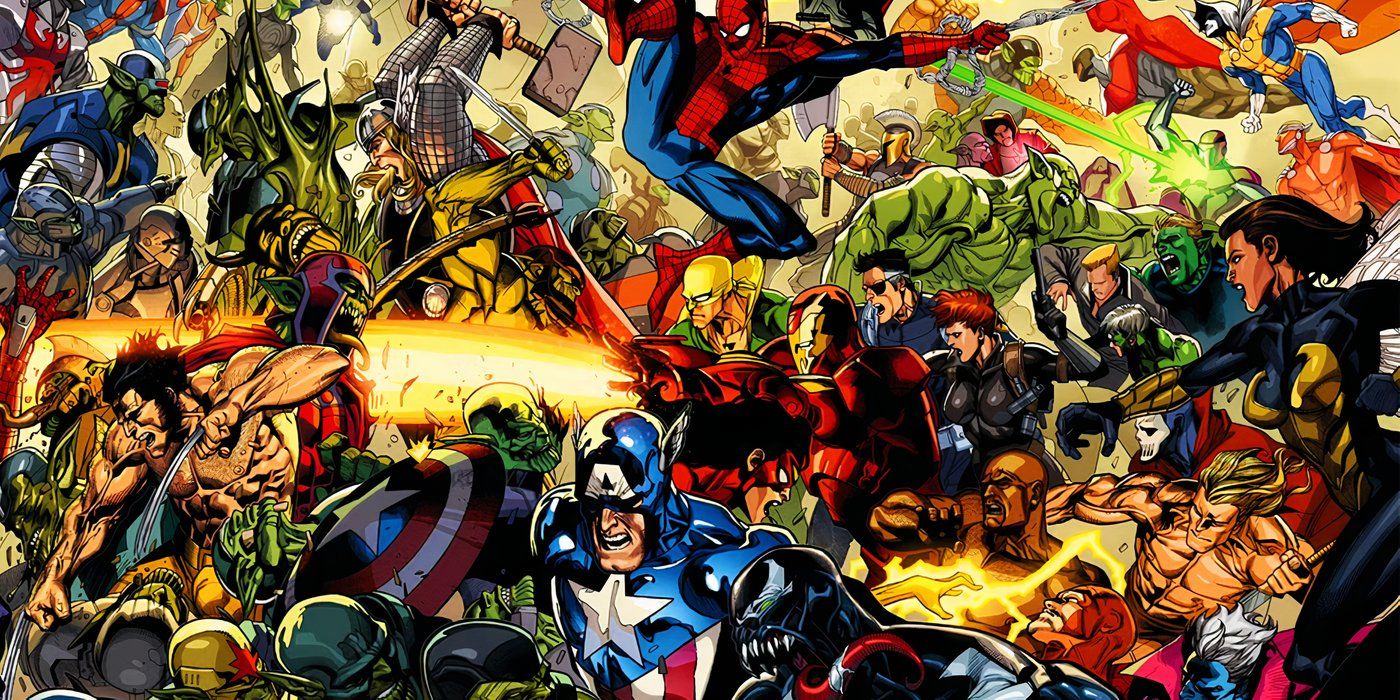 A huge tapestry of Avengers characters in the midst of a chaotic battle.