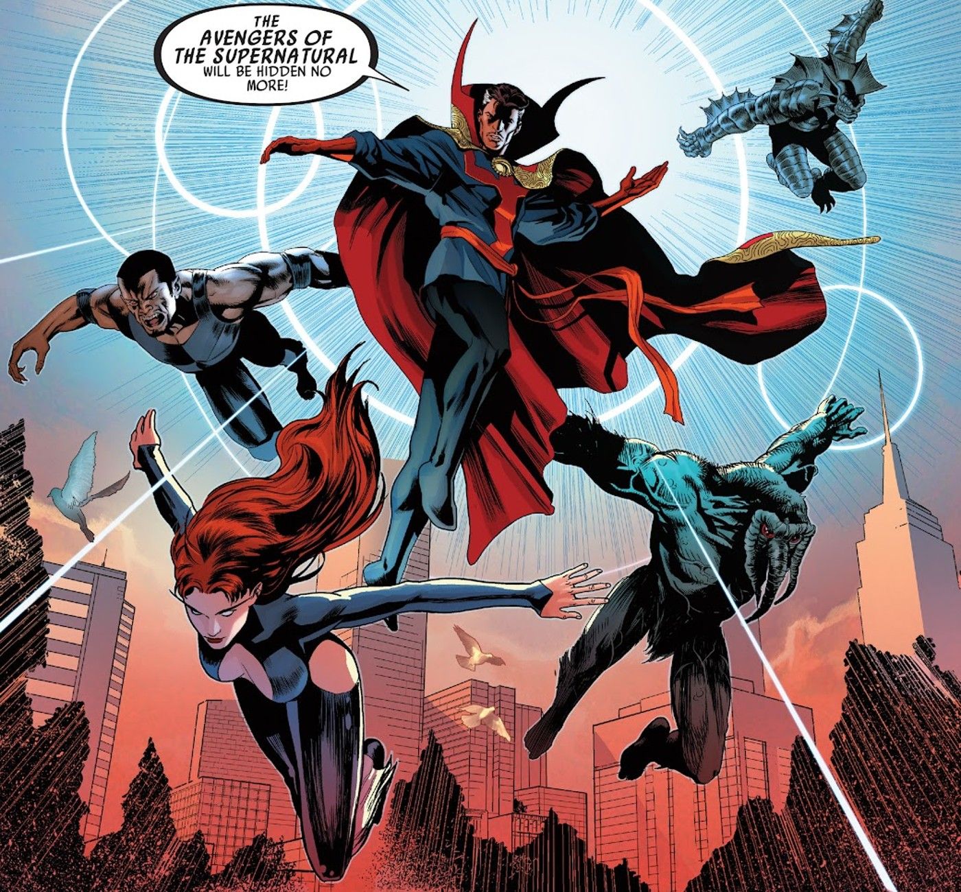 The "Avengers of the Supernatural": Blade, Doctor Strange, Manphibian, Satana, and Man-Thing.