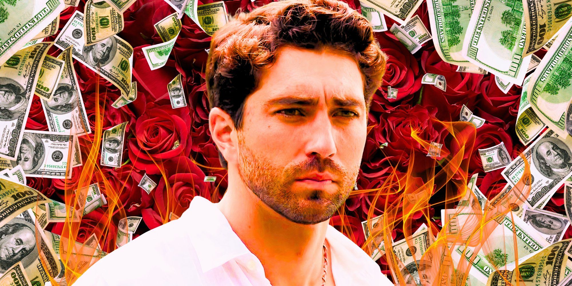 The Bachelor's Joey Graziadei com rosa e dinheiro atrás dele