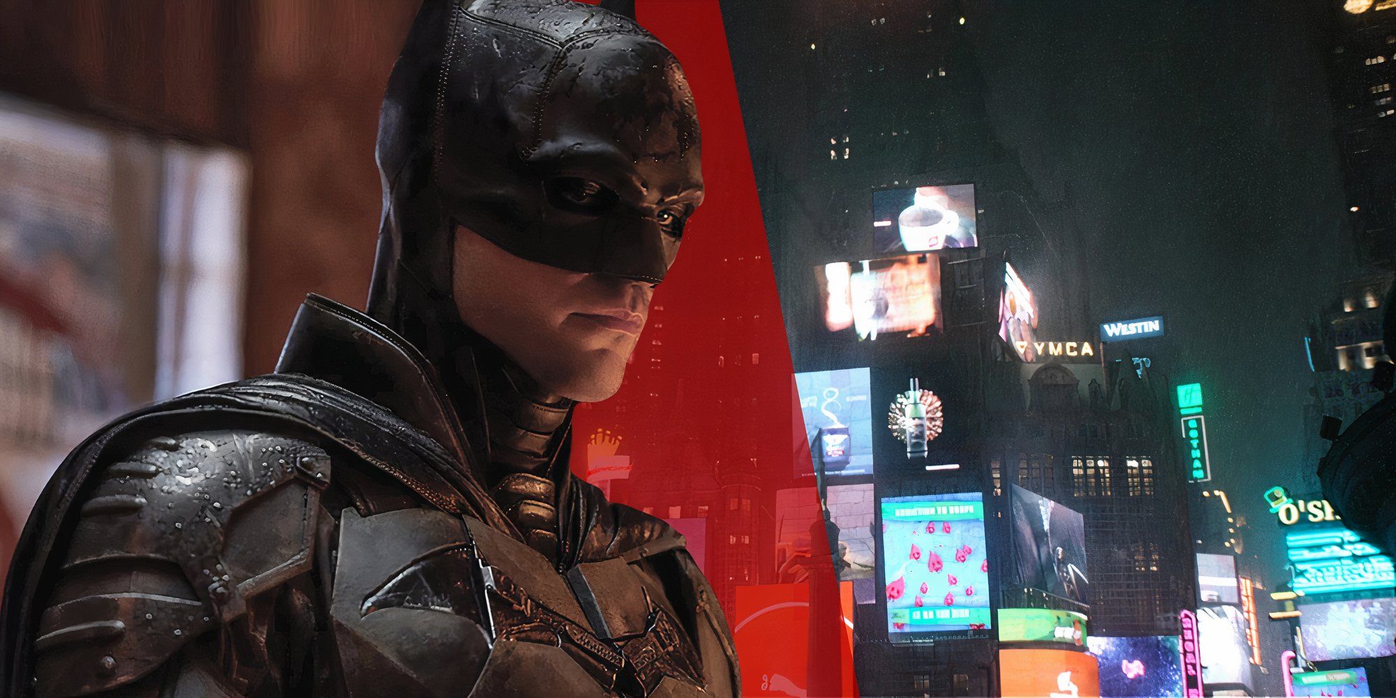 Robert Pattinson as Batman in The Batman (2022) next to the film's version of Gotham City