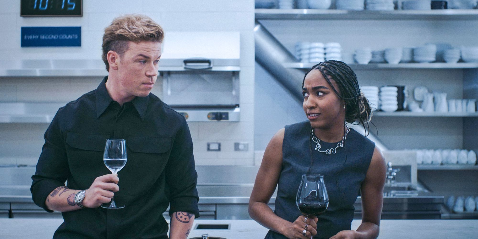 Chef Luca (Will Poulter) asking awkward questions to Sydney (Ayo Edebiri) in The Bear Season 3 Episode 10