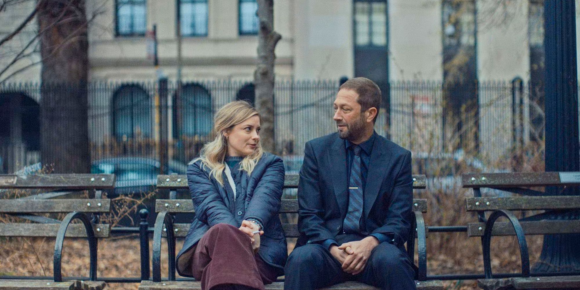 Tiffany (Gillian Jacobs) and Richie (Ebon Moss-Bachrach) having a chat on a bench in the park inThe Bear Season 3 Episode 9