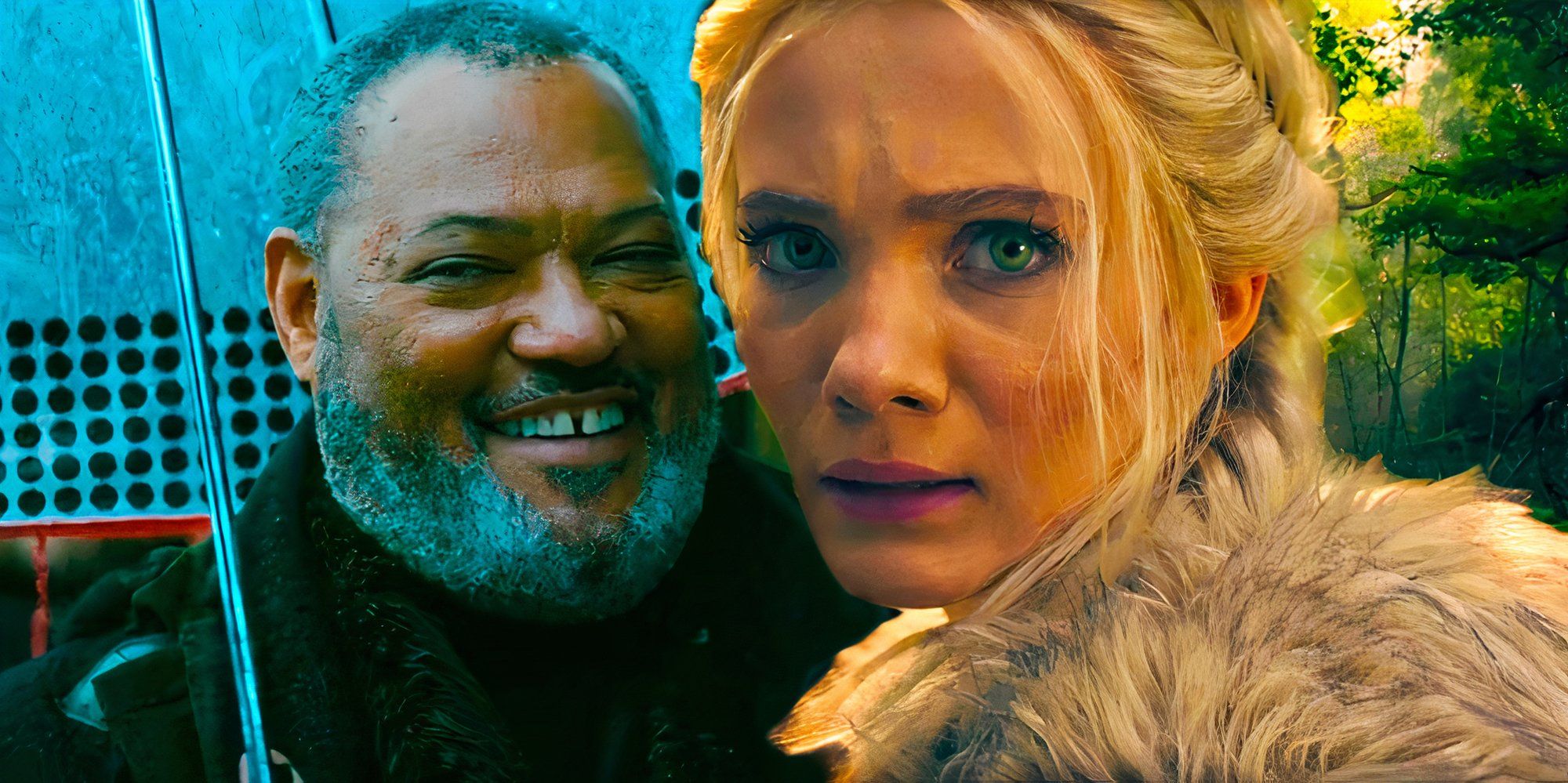 Laurence Fishburne as the Bowrey King smiling in John Wick next to Freya Allan as Ciri in The Witcher