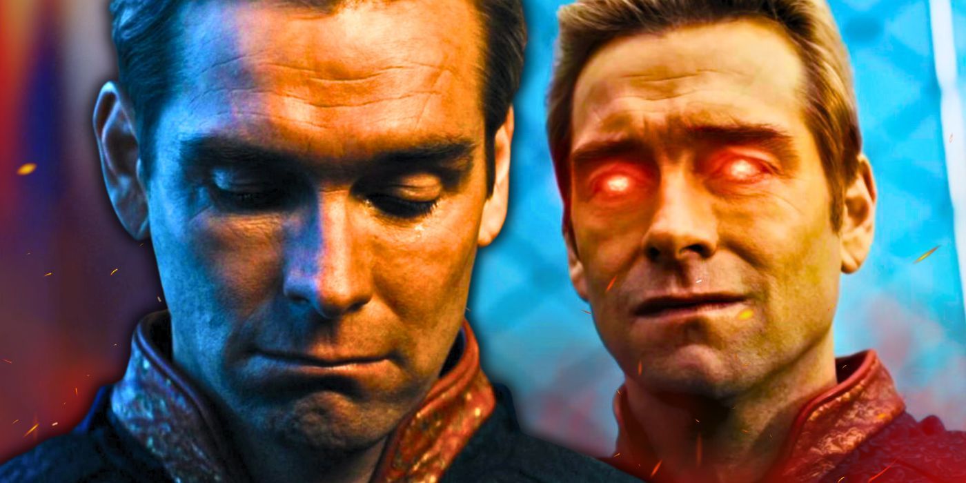 Split images of Antony Starr looking sad as Homelander and Homelander with his eyes glowing red in The Boys