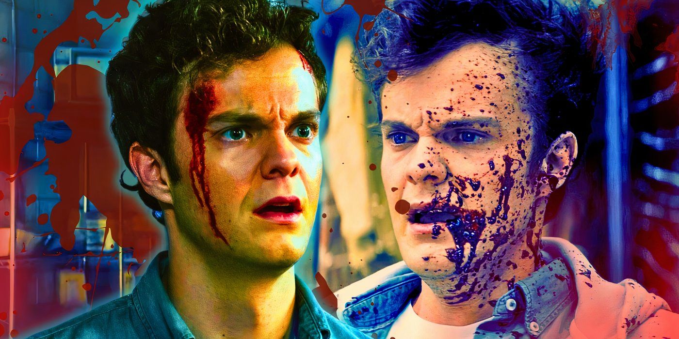 Jack Quaid looking horrified while covered in blood as Hughie Campbell in The Boys (2019)