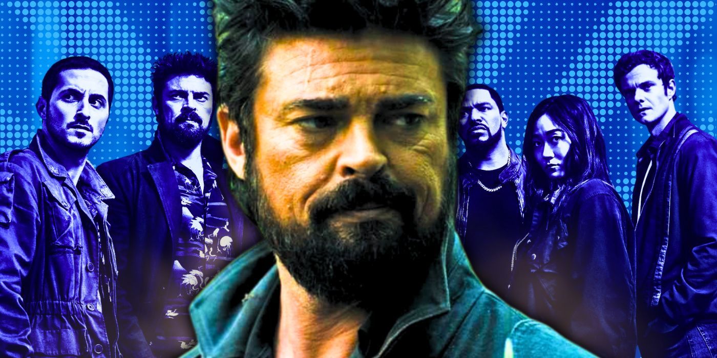 Karl Urban as Billy Butcher in The Boys with the members of the titular team as the background