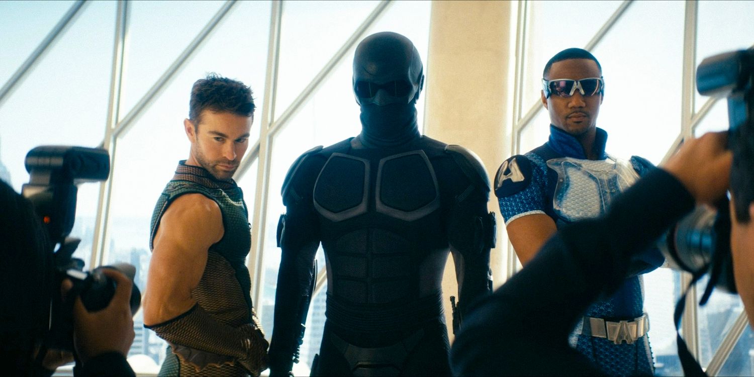 Deep (Chace Crawford), Black Noir II (Nathan Mitchell), and A-Train (Jessie T. Usher) posing in The Boys season 4 ep 3.