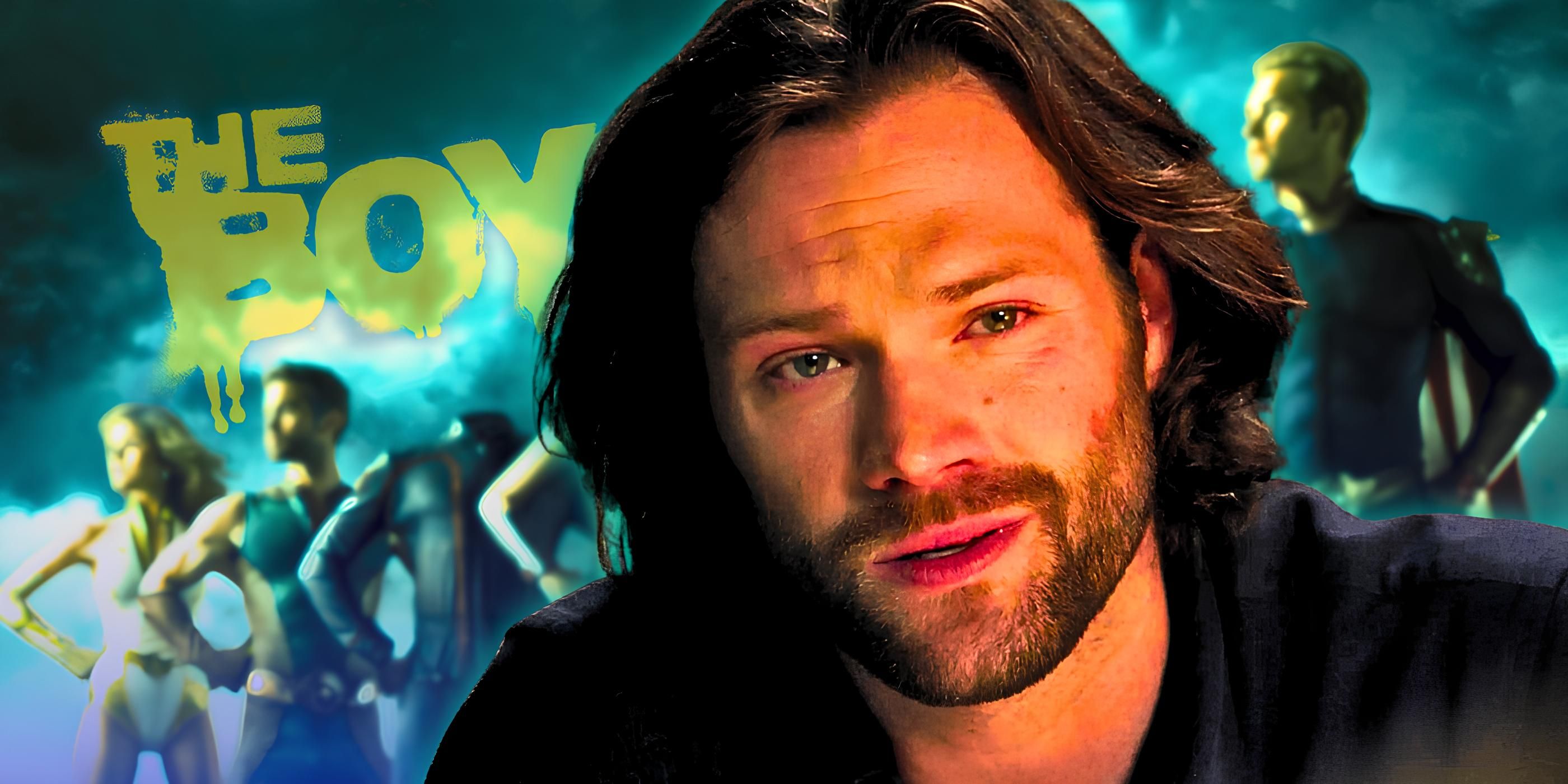 Jared Padalecki as Sam Winchester on Supernatural in front of The Boys Poster