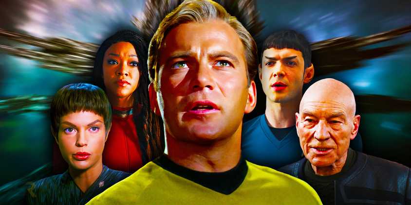Star Trek icons T'Pol, Burnham, Kirk, Spock, and Picard.