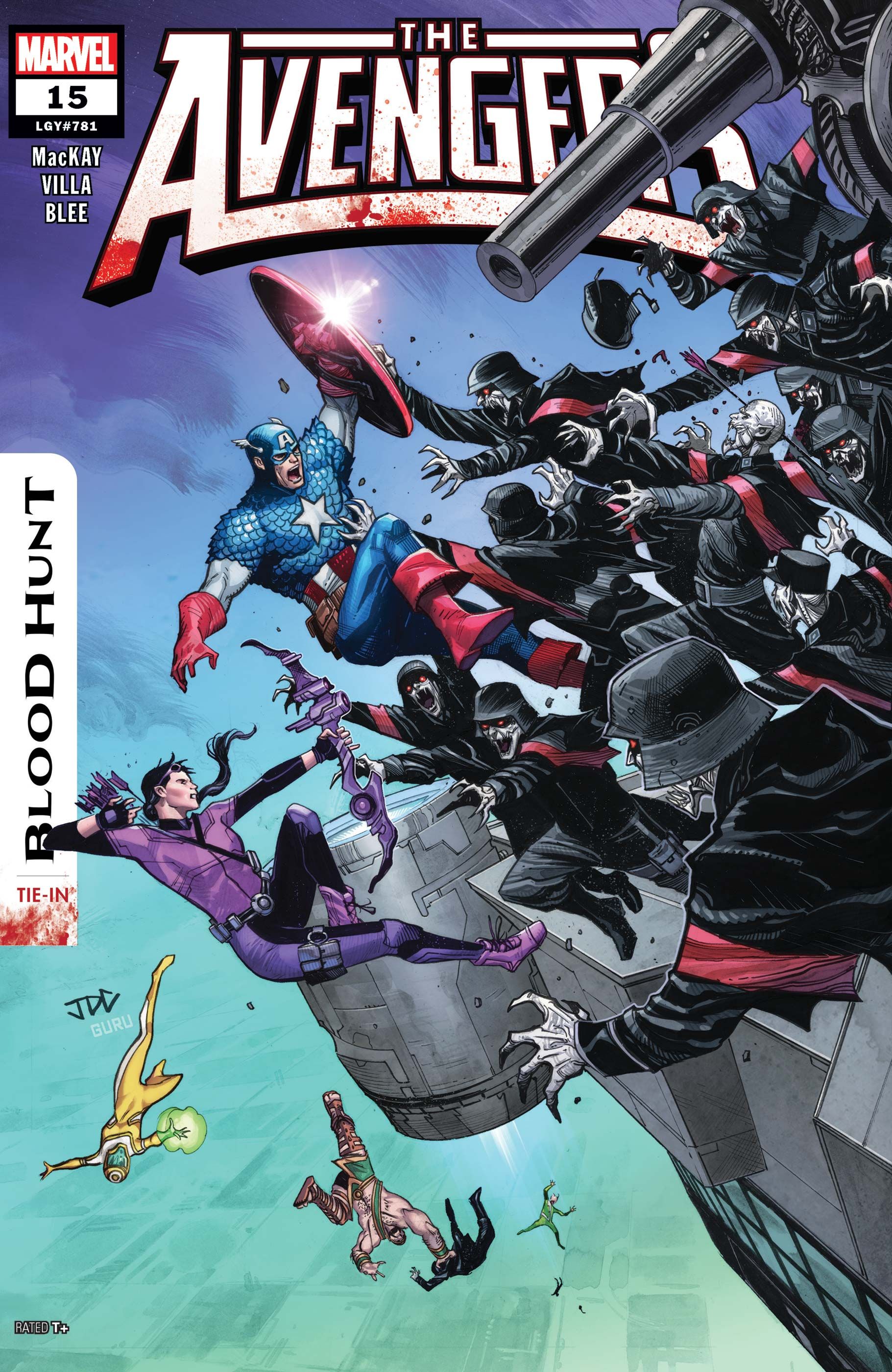 Avengers #15 cover, Captain America and other heroes falling off a cliff, chased by vampires.
