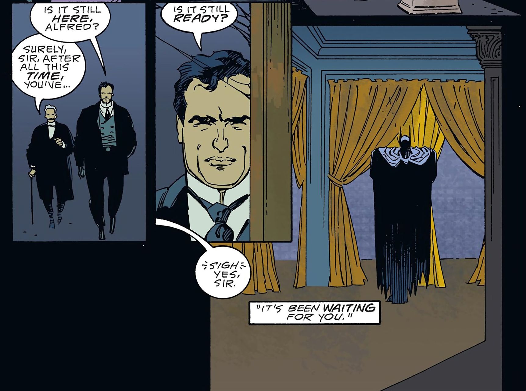 Painéis de 1989 Gotham by Gaslight por Brian Augustyn e Mike Mignola do Batman's Cowl em Wayne Manor