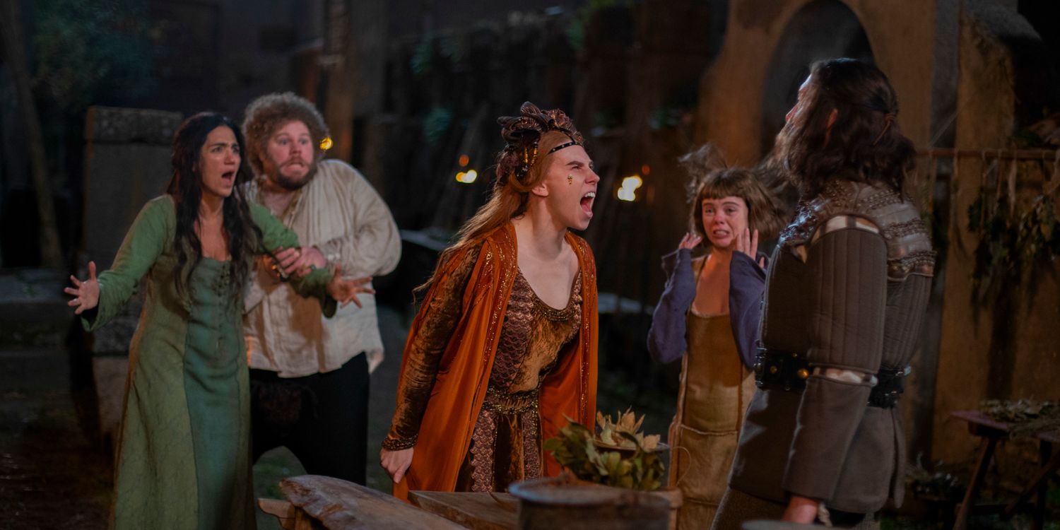 Pampinea (Zosia Mamet) gritándole enojada a Dioneo en la temporada 1 de El Decamerón