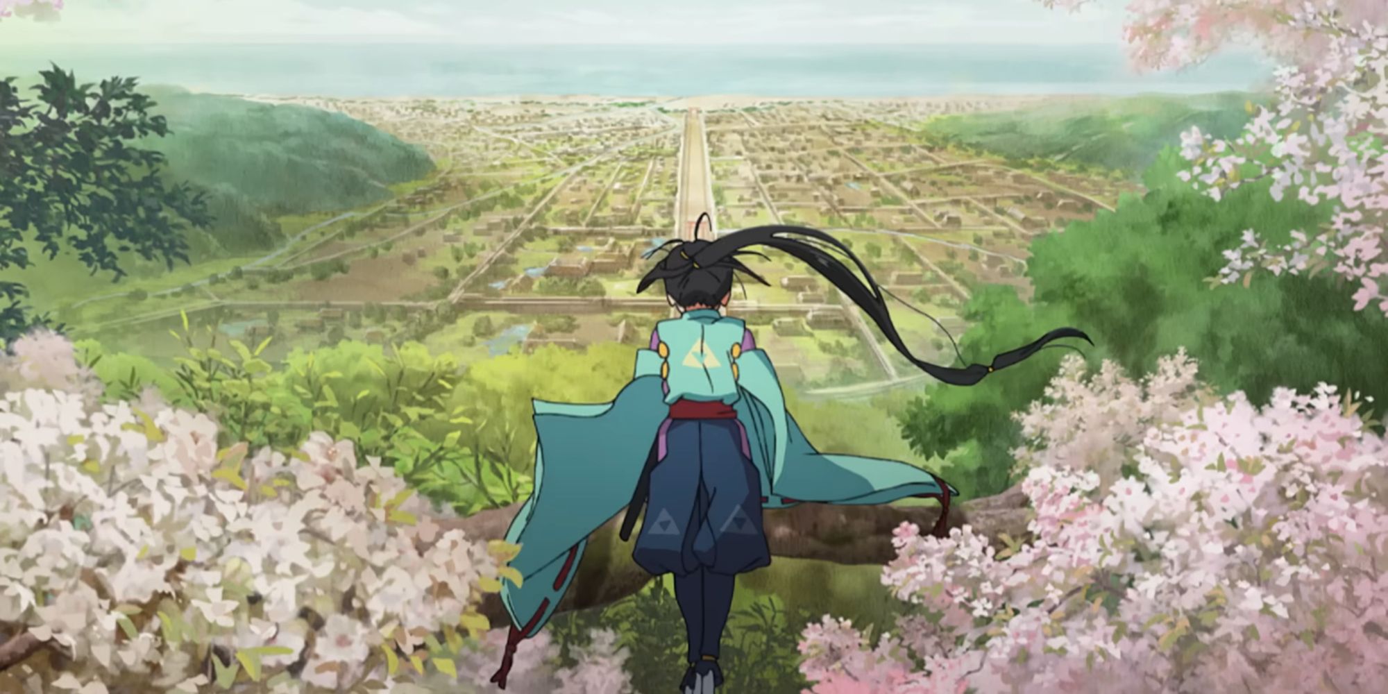 The main character of Elusive Samurai looking out over a large village.