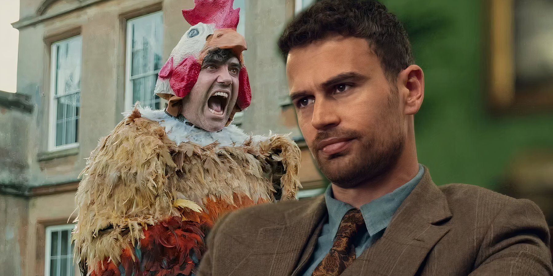 Freddie dressed as a chicken screaming and Eddie looking calm in The Gentlemen TV show