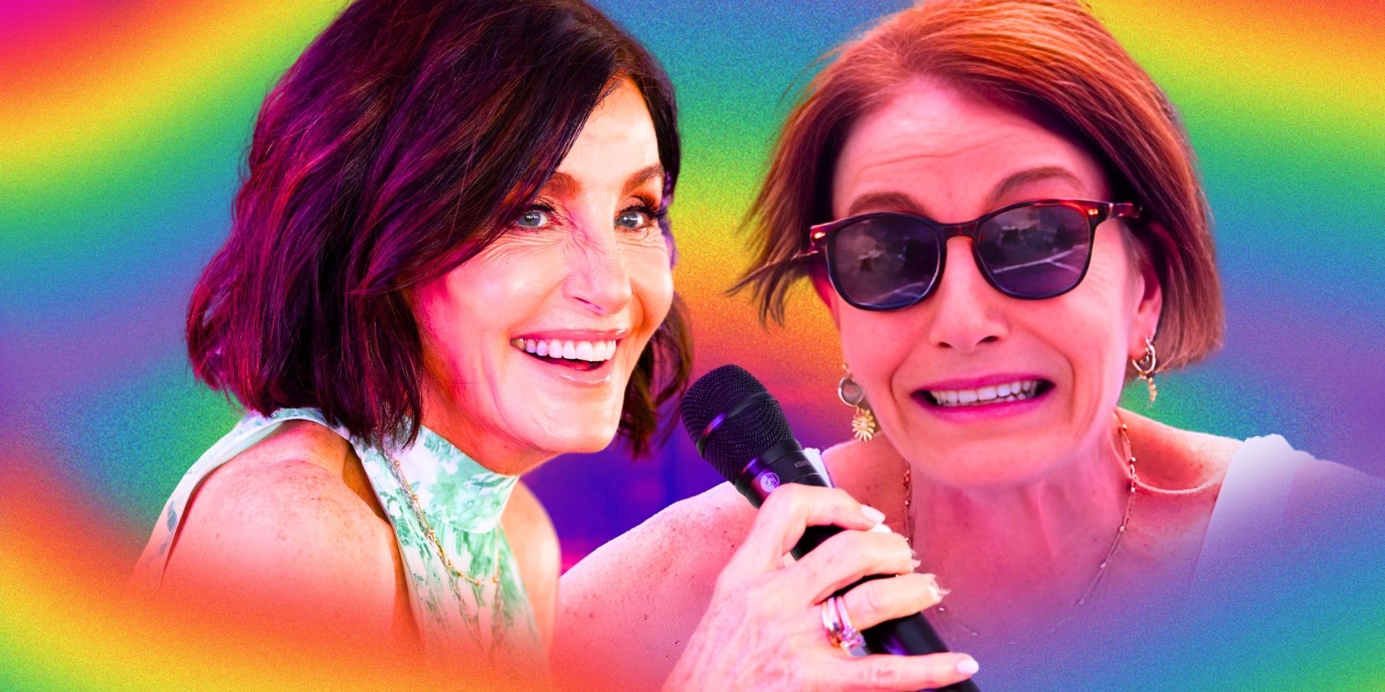 The Golden Bachelor’s Kathy Swarts smiles while holding a mic and wearing glasses in a montage image.