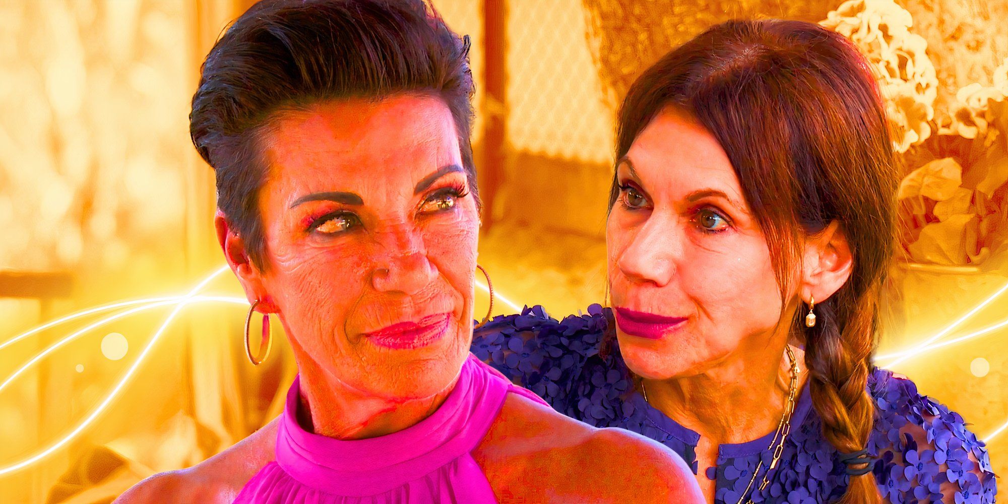 The Golden Bachelor’s Susan Noles and Theresa Nist have serious expressions on their faces in front of a gold background