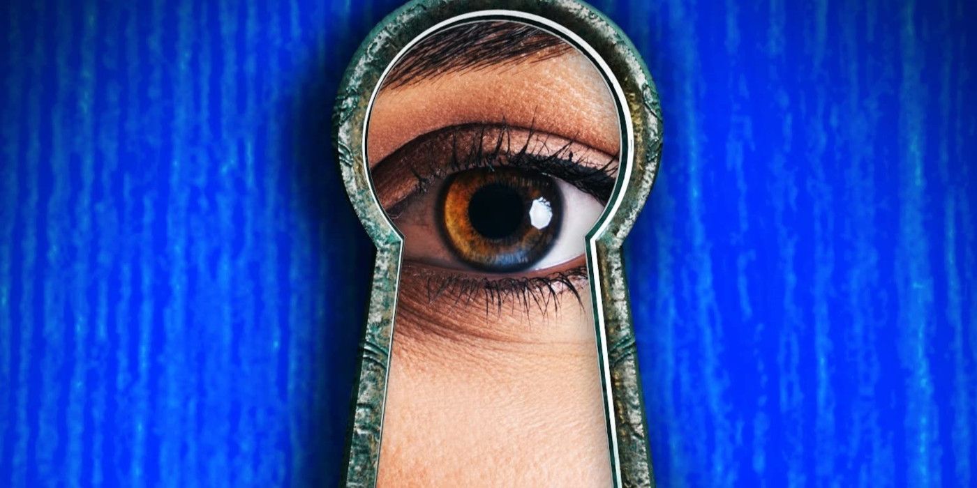 The Housemaid Cover featuring a blue background and an eye looking through a keyhole