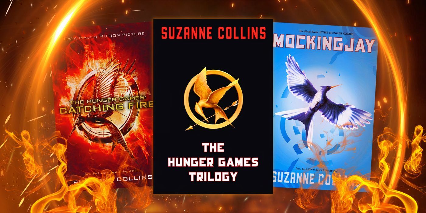 A collage of the covers of Suzanne Collins' Hunger Games book trilogy