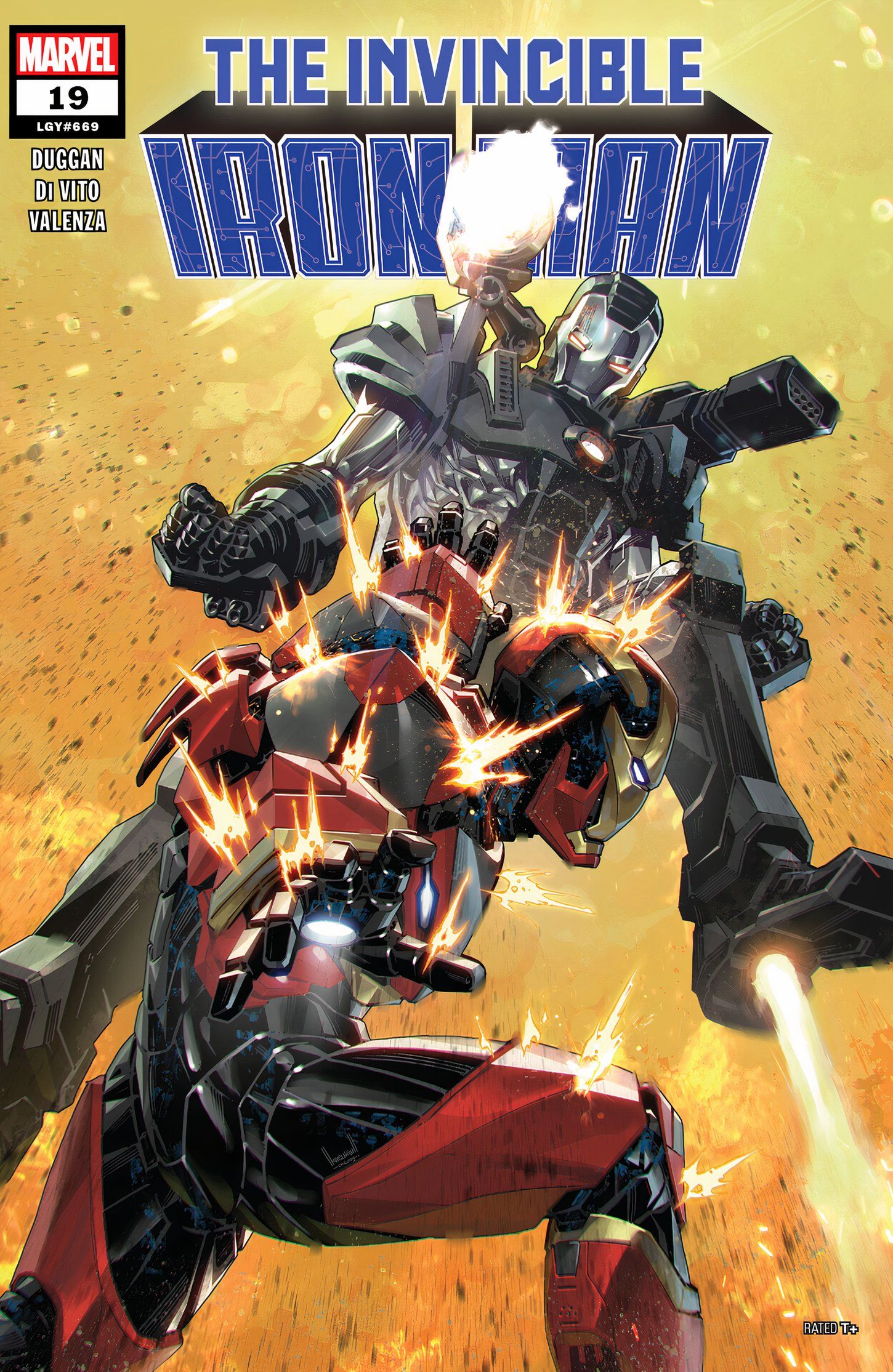 Capa de Invincible Iron Man #19, War Machine e Iron Man lutando. 