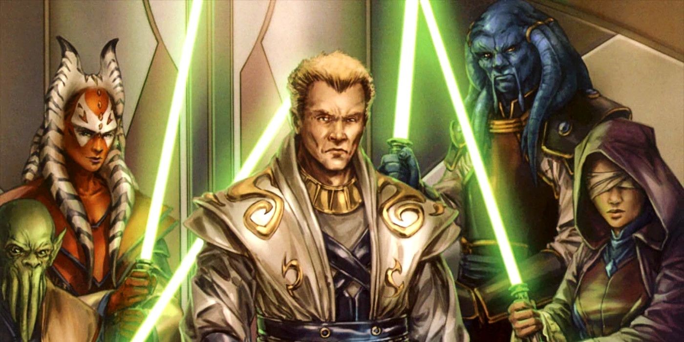 Cinco membros do Pacto Jedi com sabres de luz acesos em uma ilustração de Star Wars: Jedi vs. Sith - O Guia Essencial para a Força.