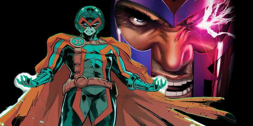 Comic book art: The Krakoan floats in front of a close-up of Magneto.