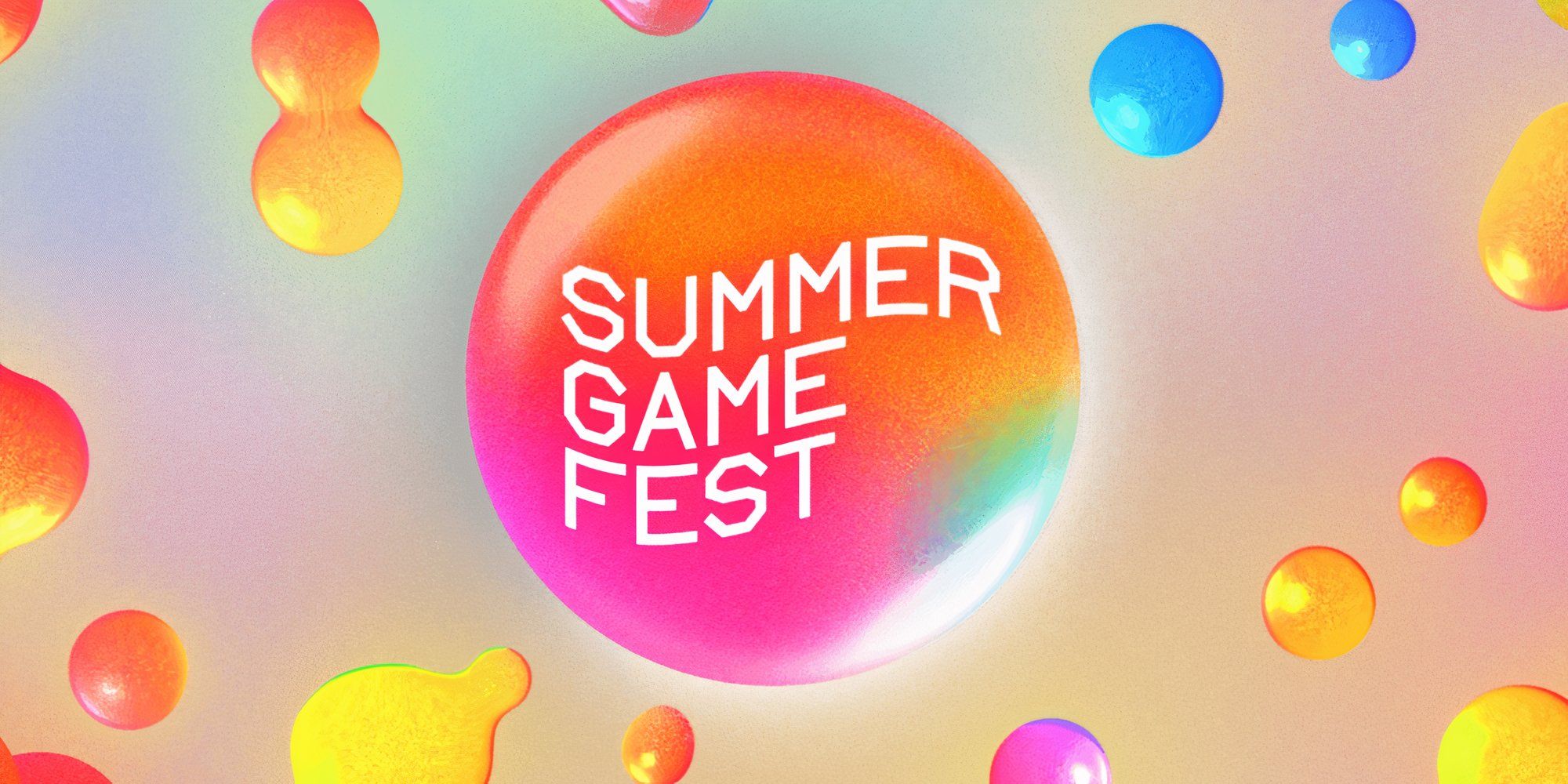The logo for Summer Game Fest 2024, showing red, orange, yellow, and blue droplets surrounding a central circle with Summer Game Fest written inside it, all on a pink background.