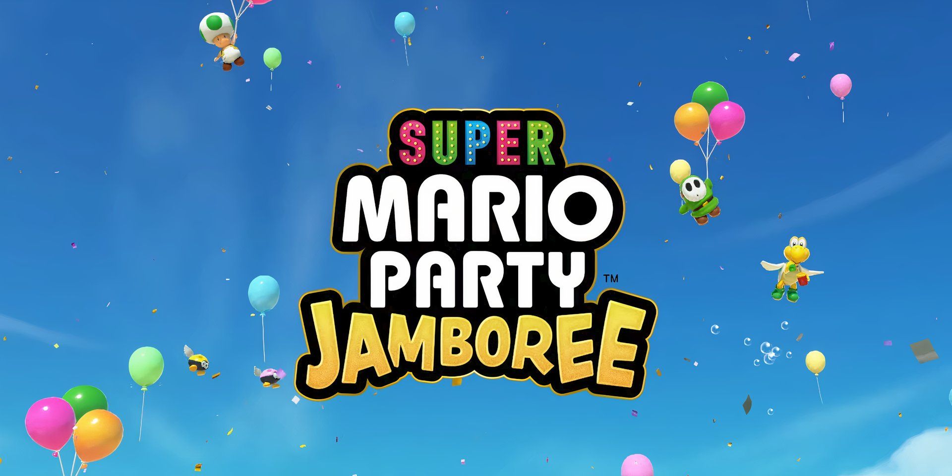 O logotipo do Mario Party Jamboree sobre um céu azul. Sapos, Shy Guys e Koopas flutuam no ar, agarrados a balões multicoloridos.