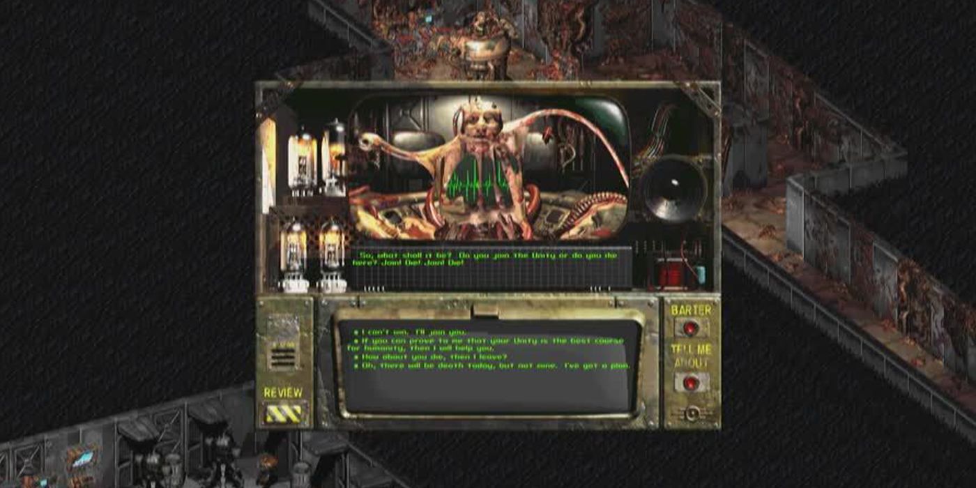 O Mestre, uma massa humana gelatinosa esticada sobre alguma máquina, em diálogo em Fallout 1. 
