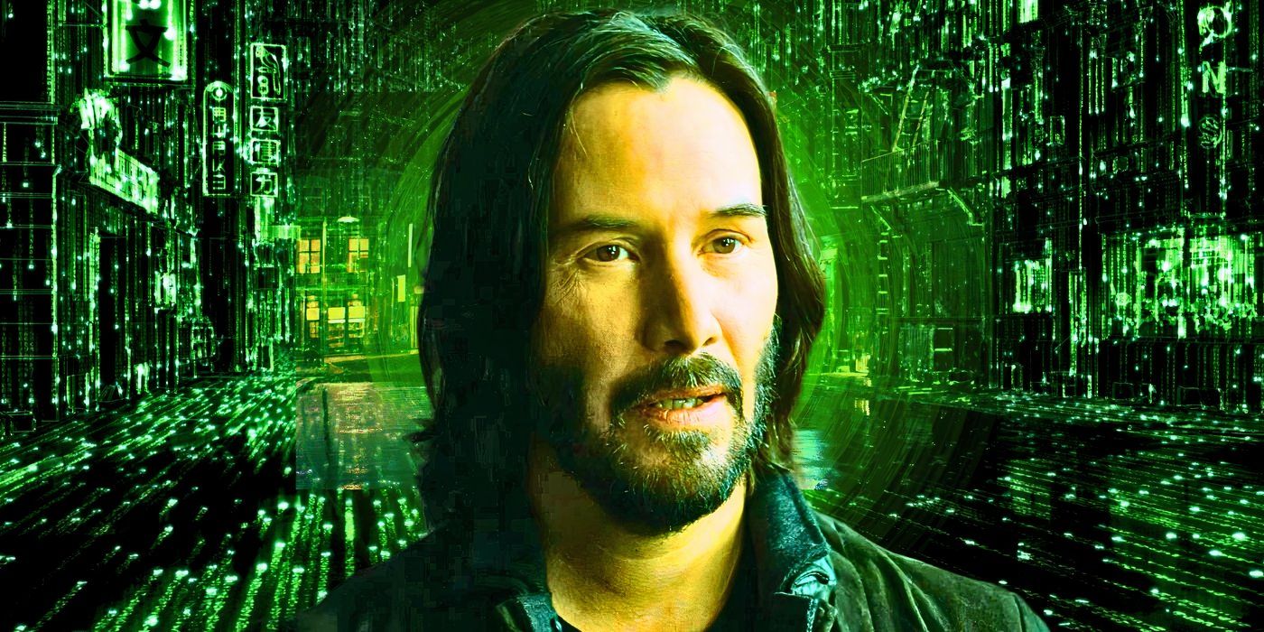 Keanu Reeves as Neo from The Matrix Resurrections with code background
