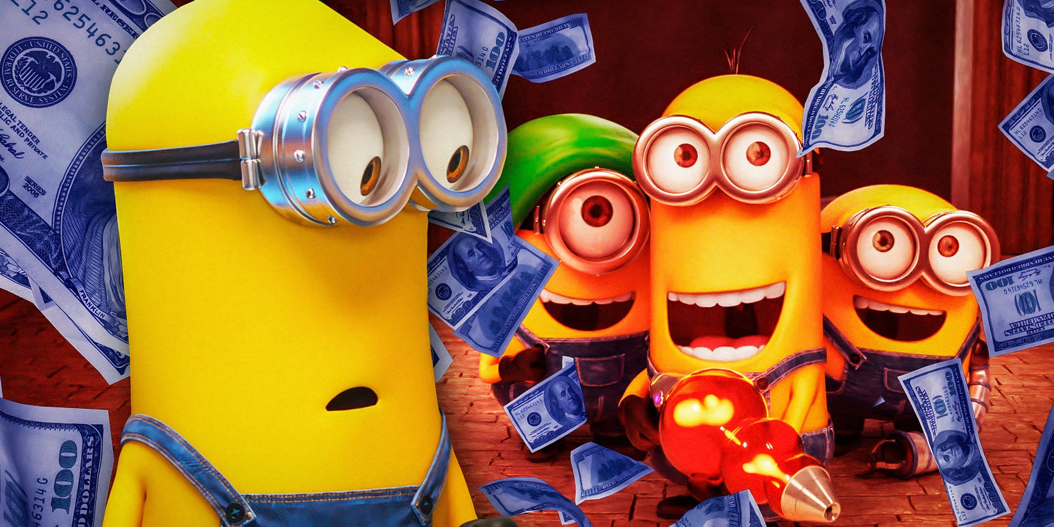 Minions from the Despicable Me franchise surrounded by falling money