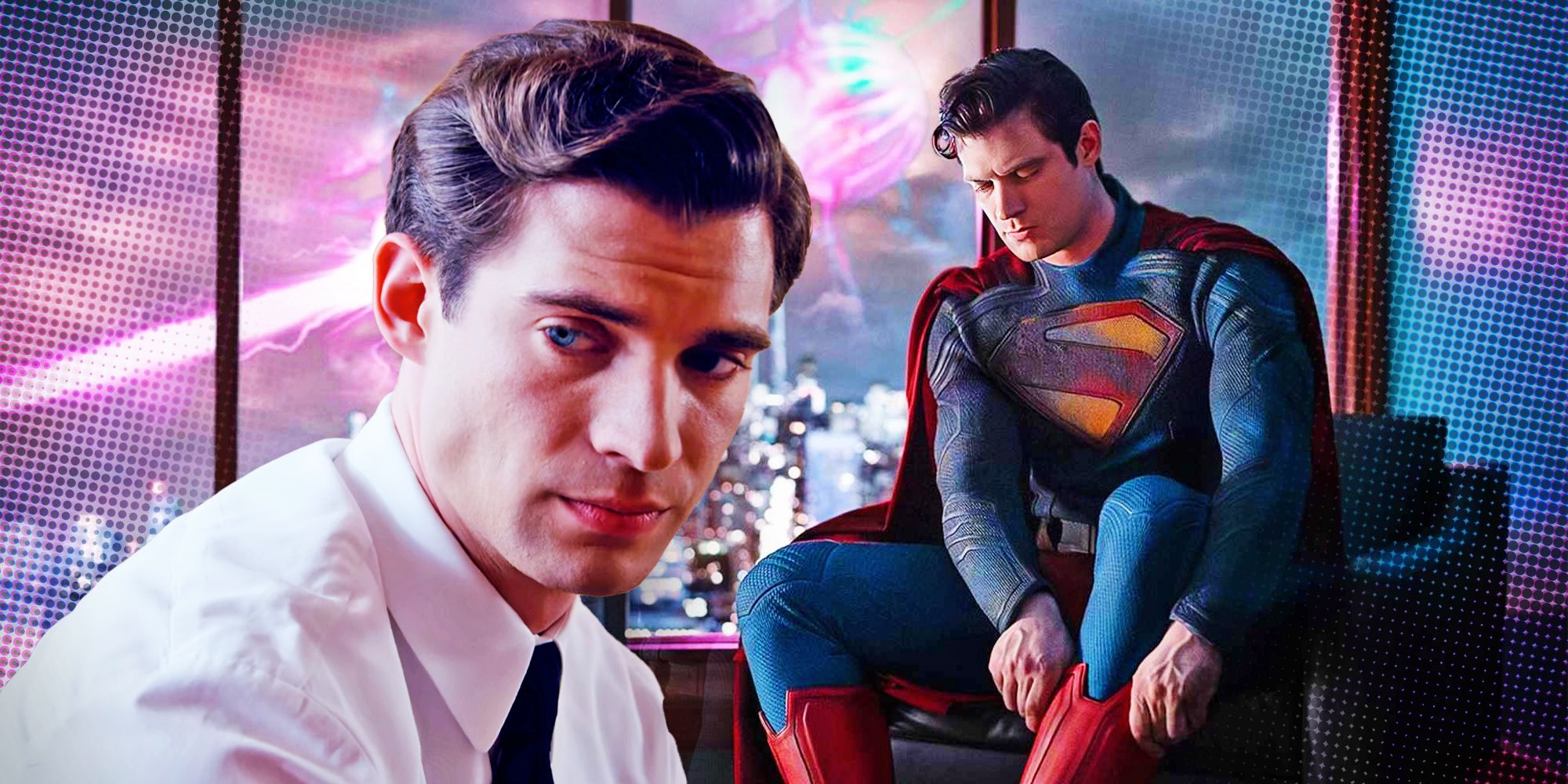 Headshot of David Corenswet next to himself as the new DCEU Superman putting on his red boots with a pink explosion in the sky in the background