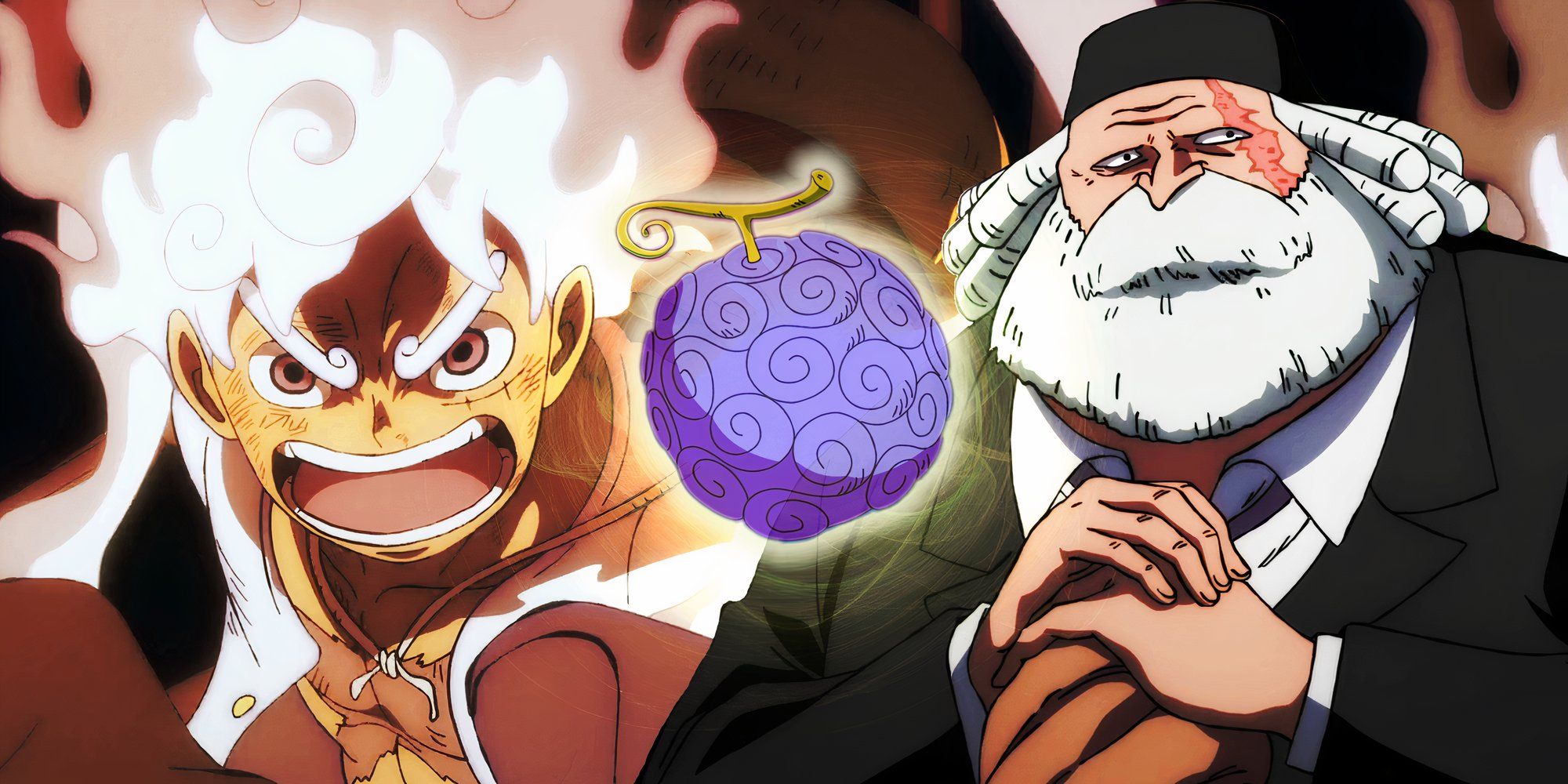 the nika devil fruit from one piece featured in the center with Luffy in Gear Five looking angry to the left and saint saturn to the right