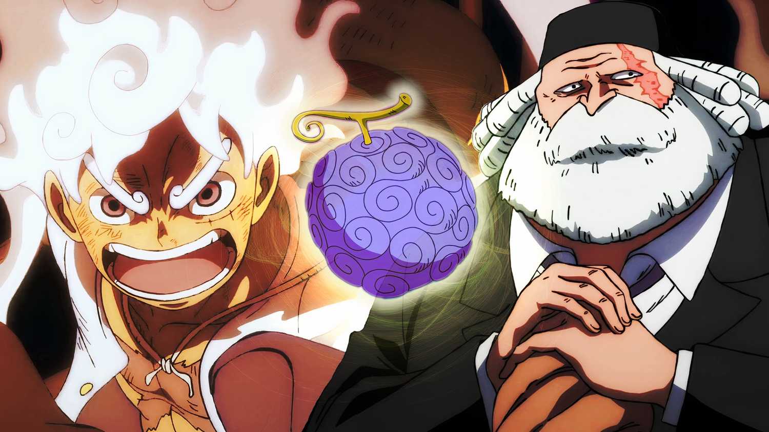 Le fruit du démon Nika de One Piece présenté au centre avec Luffy en Gear Five regardant en colère à gauche et Saint Saturne à droite