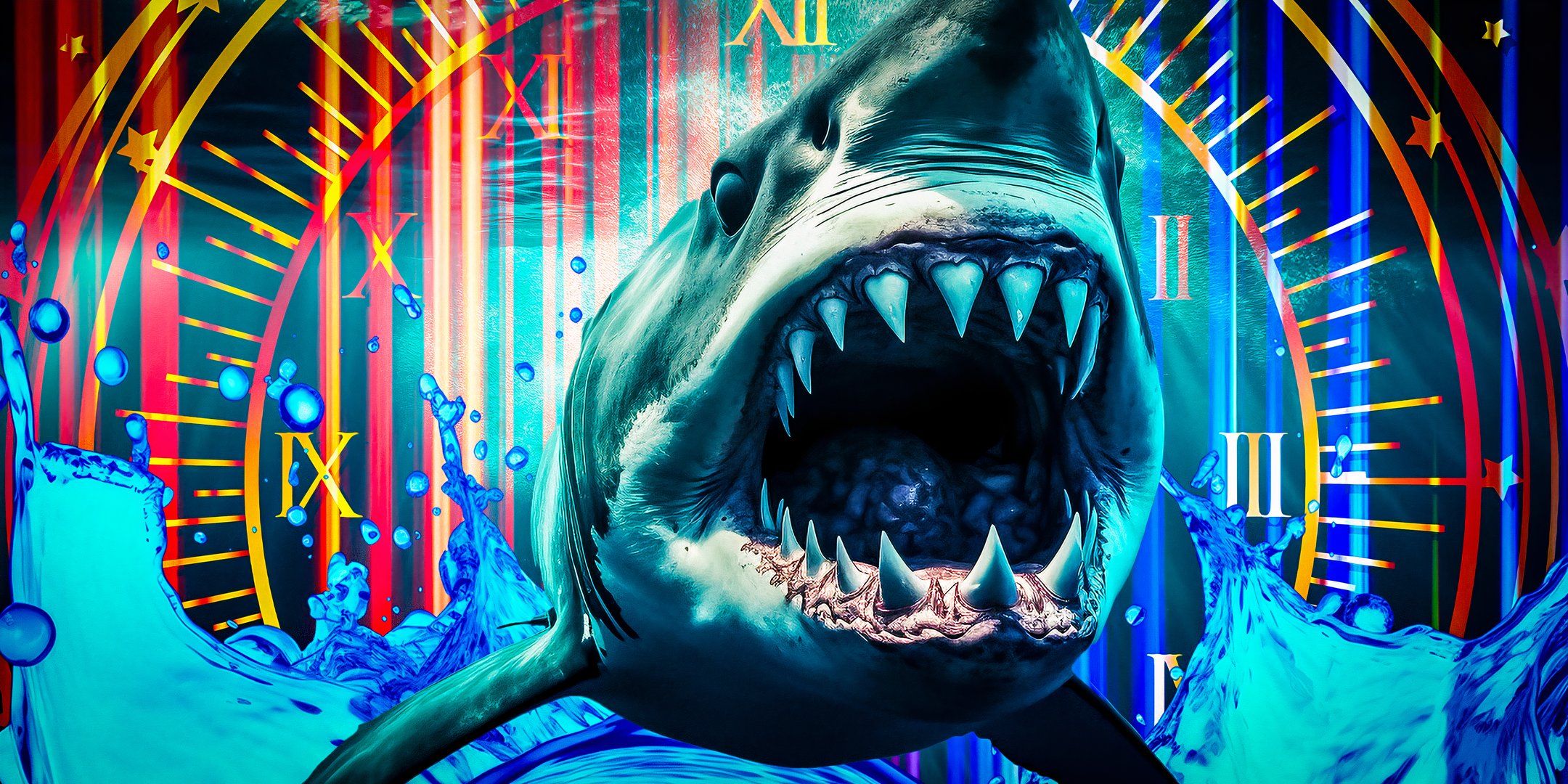 A great white shark with its mouth open in front of a picture of a clock face