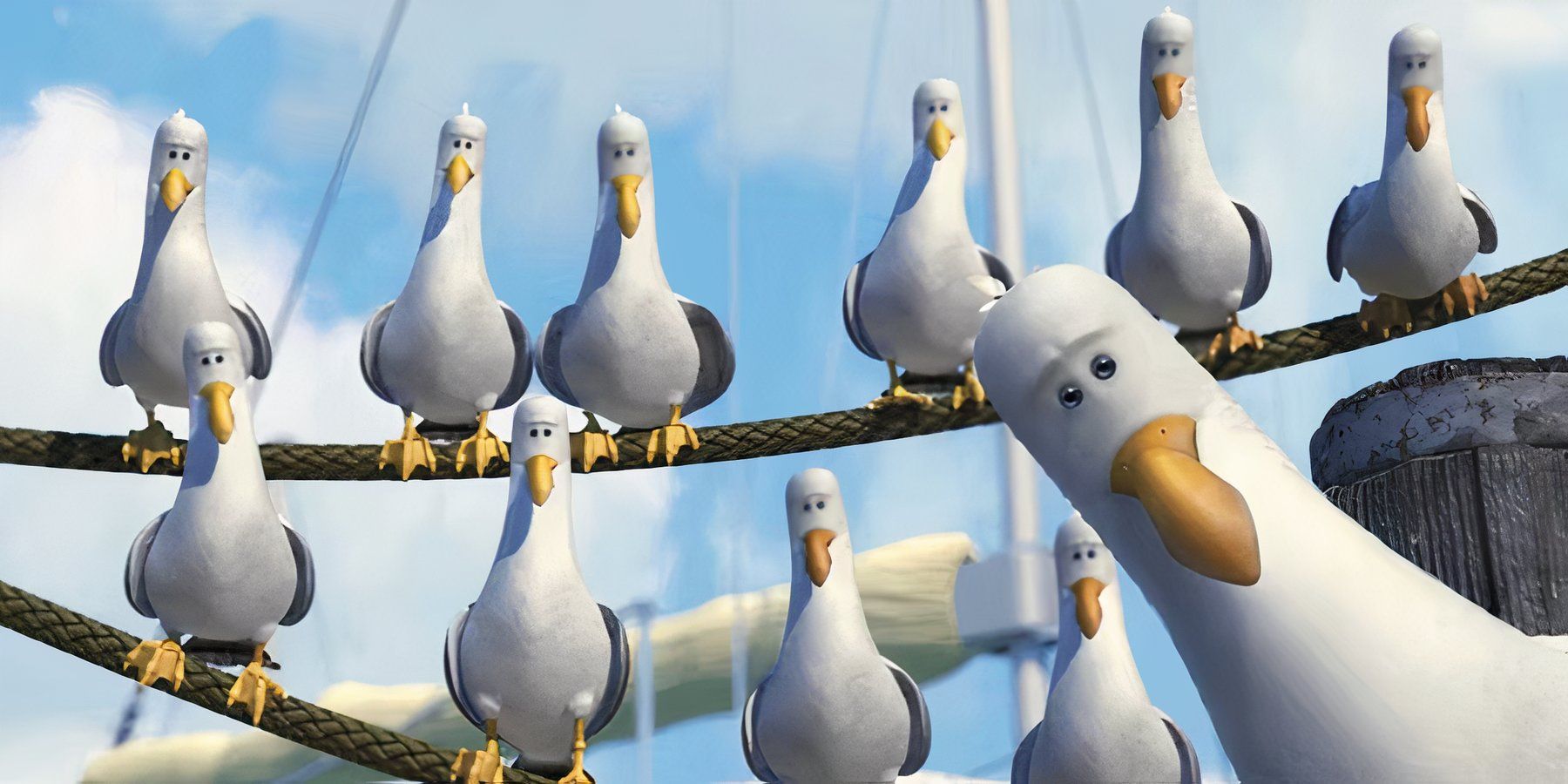 The seagulls in Finding Nemo staring at the camera while perched on ropes