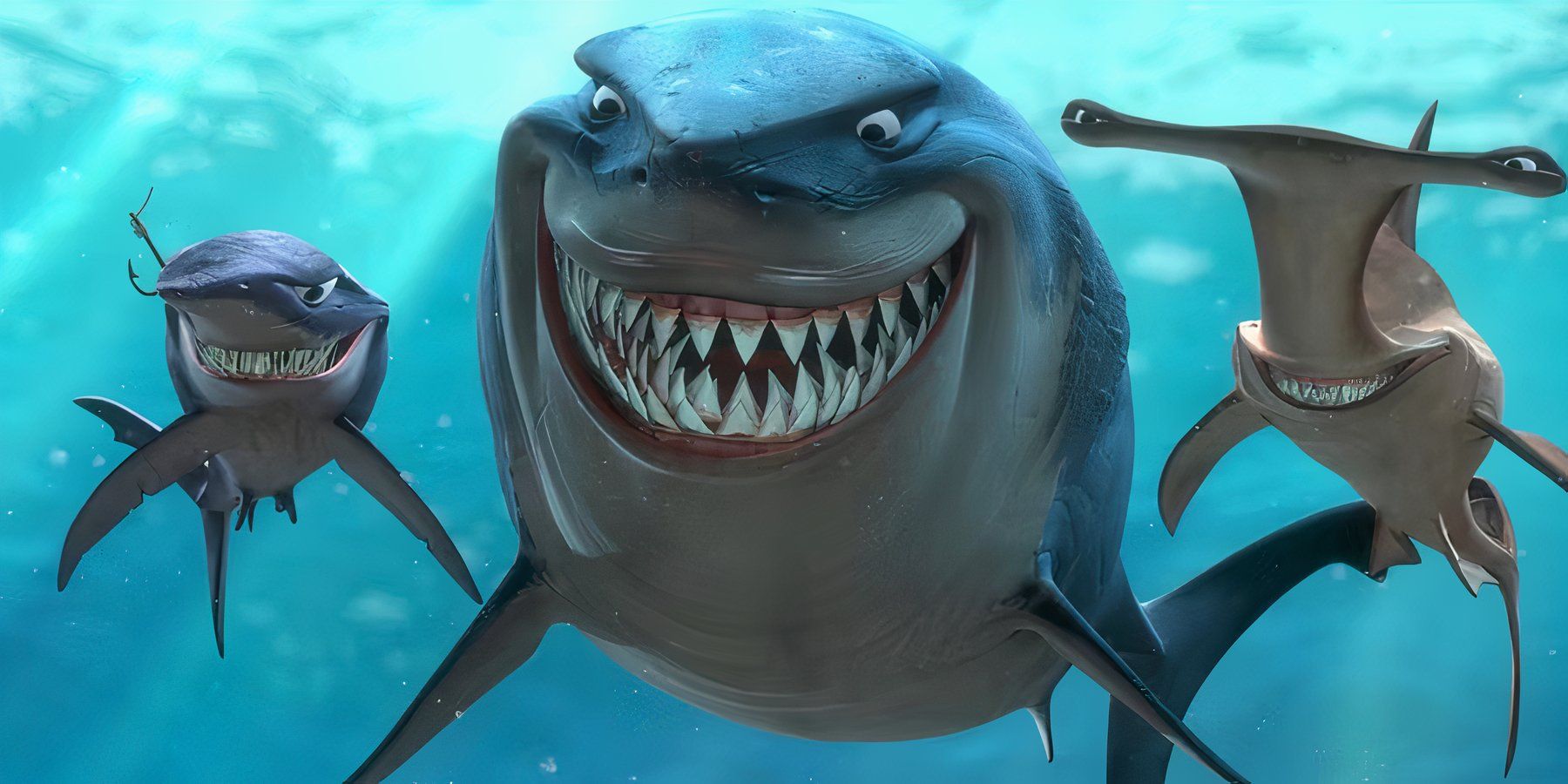 The sharks smiling and baring their teeth in Finding Nemo