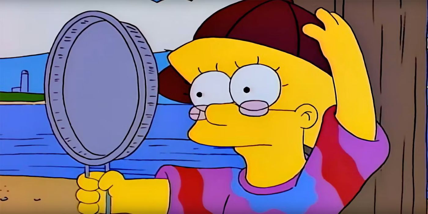 Lisa checks her outfit in a frying pan on the beach in The Simpsons Summer of 4ft2 (1)