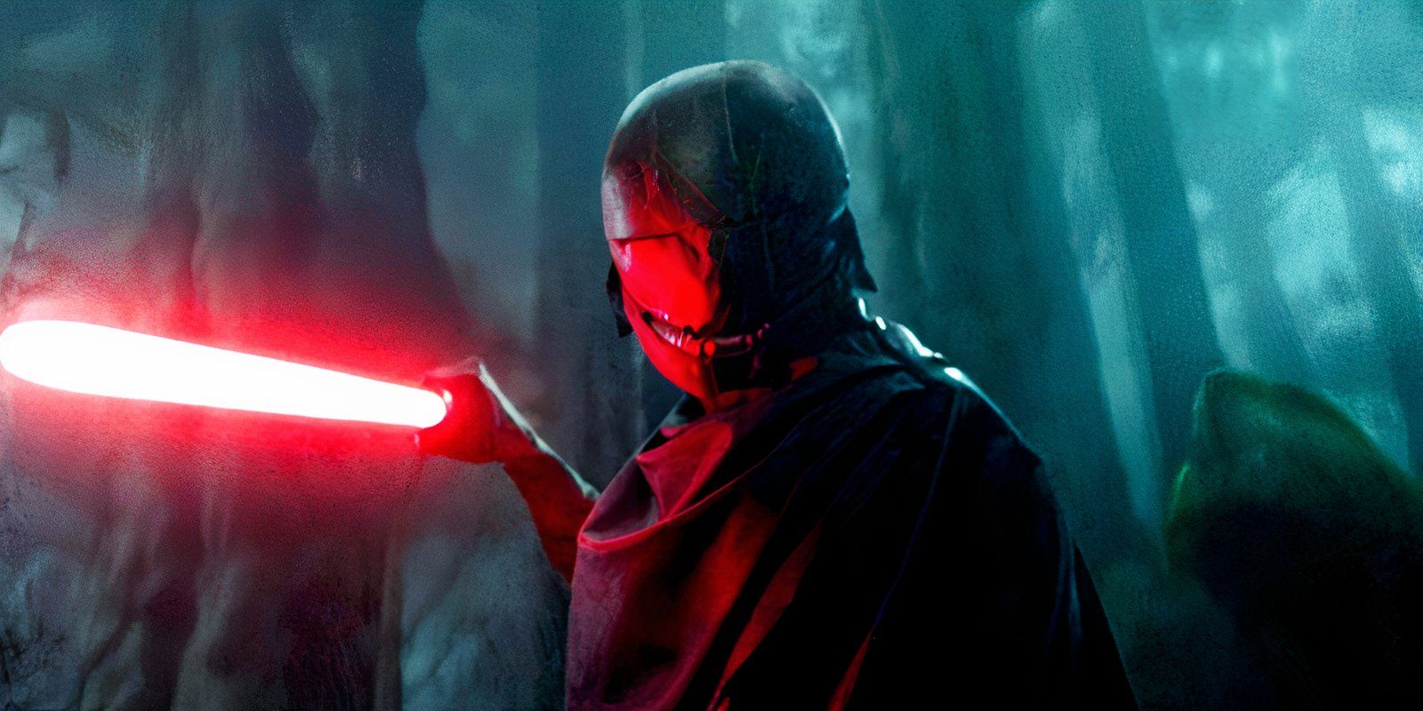 The Stranger aims his red lightsaber at Mae in The Acolyte episode 5