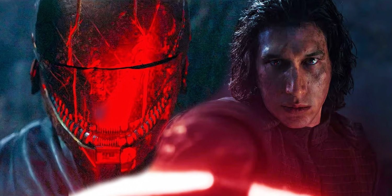 The Stranger in a mask with a red glow to the left and Kylo Ren holding up his lightsaber in The Rise of Skywalker to the right in a combined image