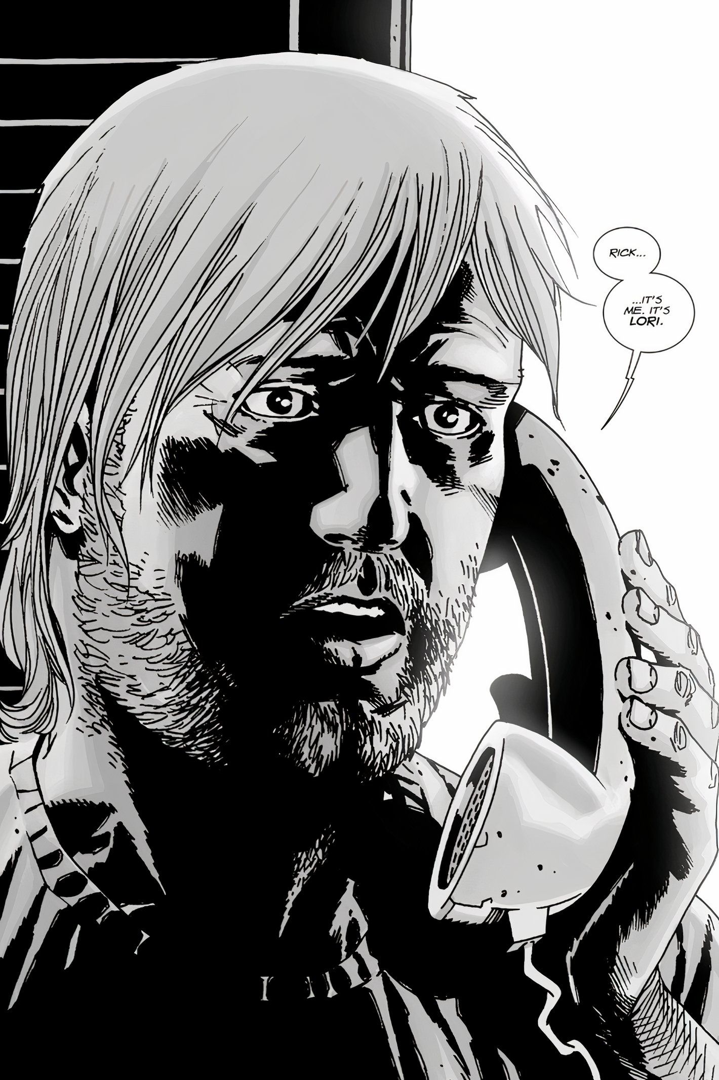 The Walking Dead #51, Rick is shocked with the voice on the phone says it is Lori