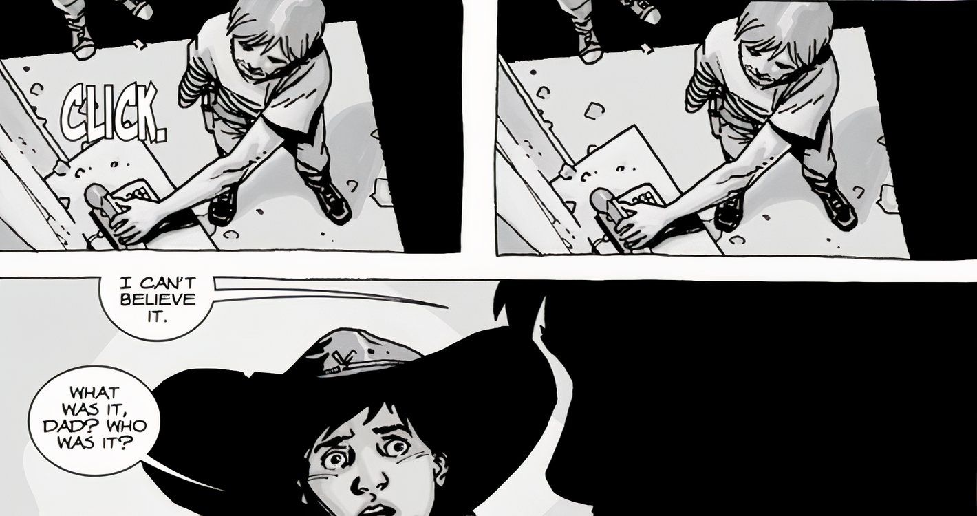 The Walking Dead #51, Rick hangs up the phone after speaking to a woman, saying I can't believe it