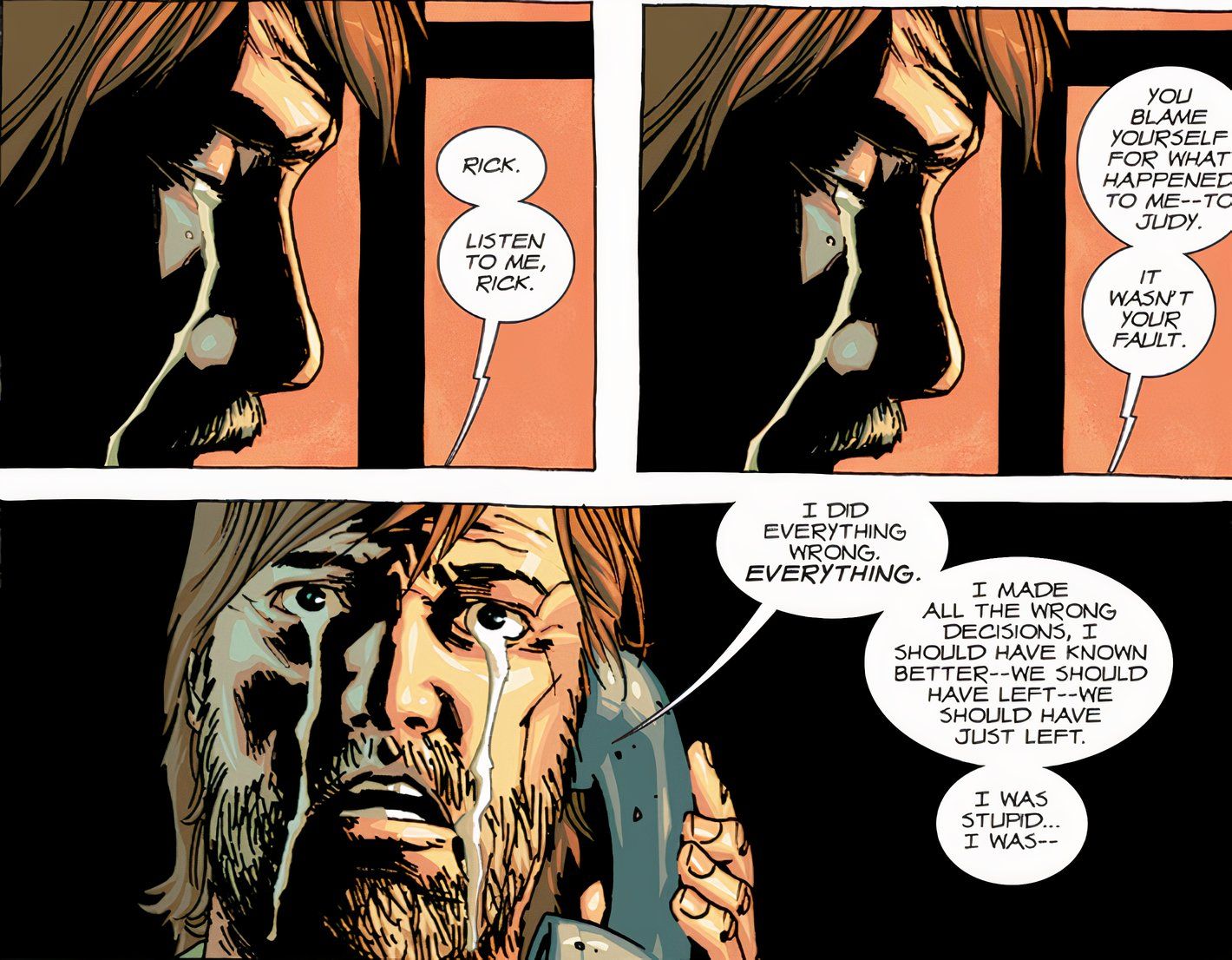 The Walking Dead Deluxe #51, Rick cries as the voice of his dead wife tells him to stop blaming himself