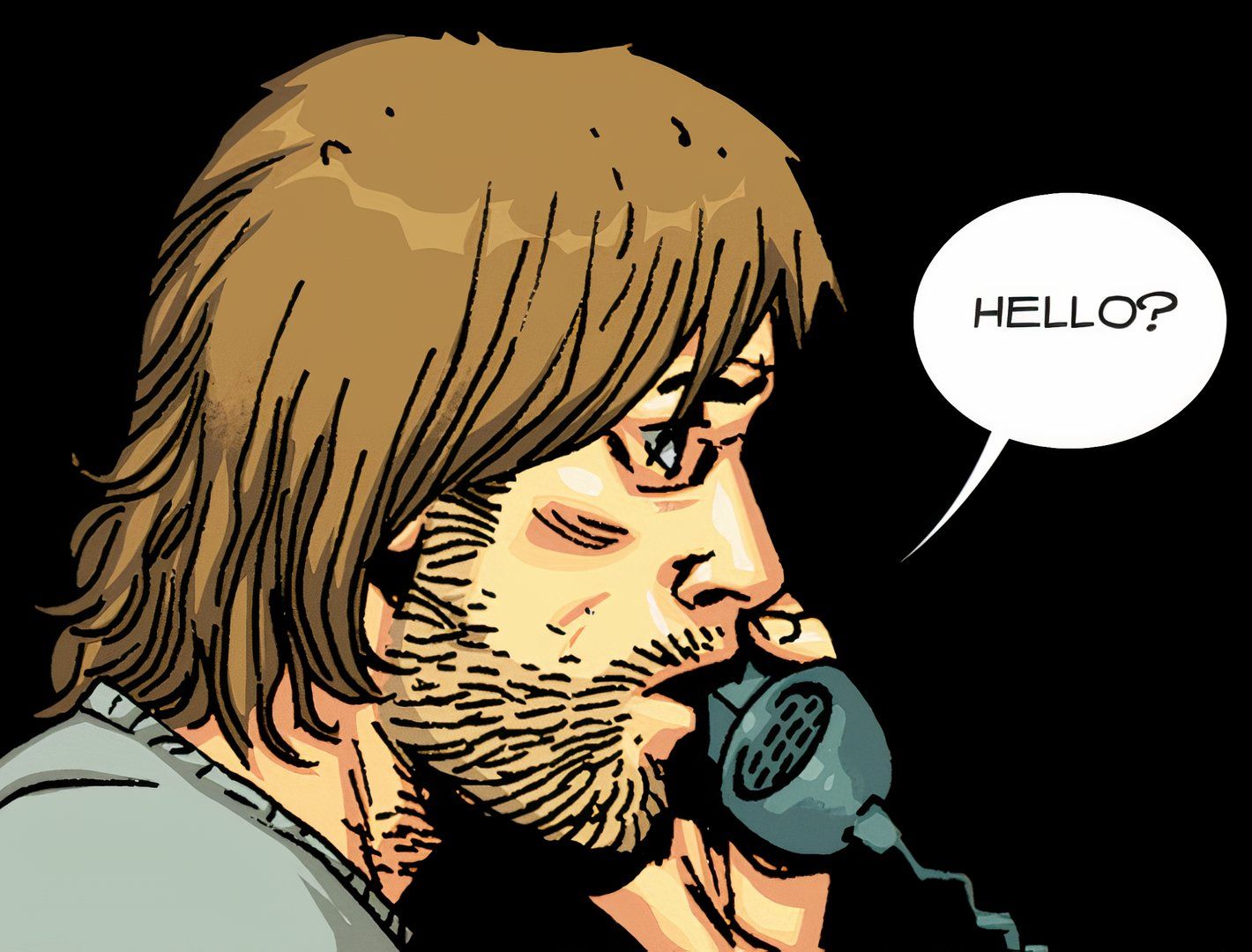 The Walking Dead Deluxe #51, Rick Grimes answers a broken telephone, saying 'hello'