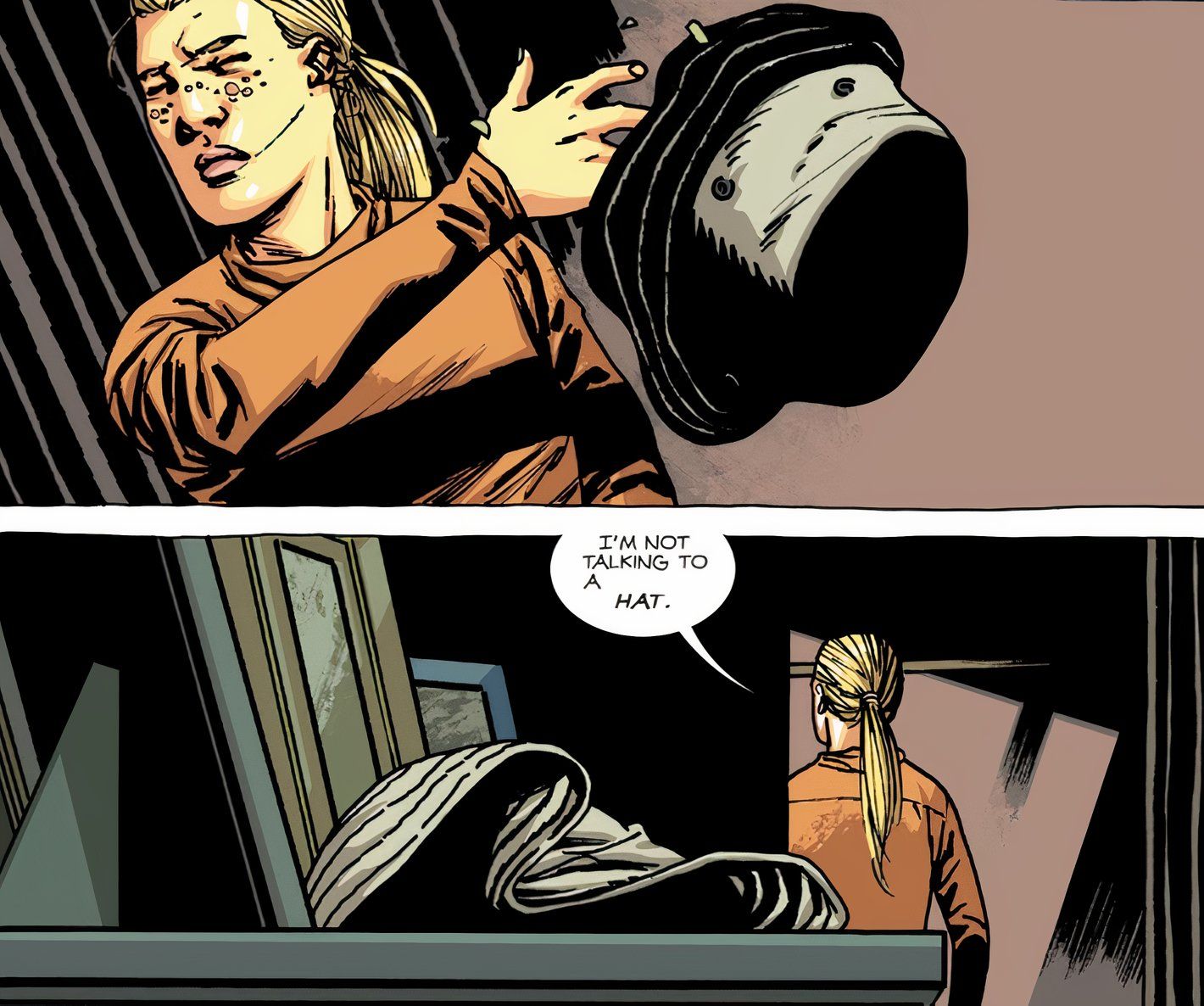 The Walking Dead Deluxe #91, Andrea throws Dale's hat away and refuses to talk to it