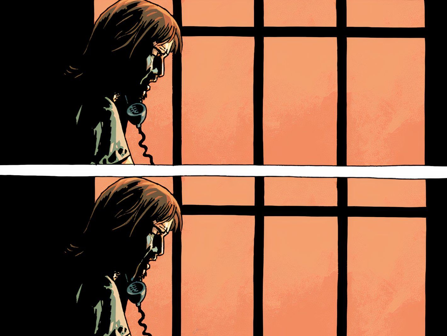 The Walking Dead Deluxe #51, Rick sitting next to a window with the phone to his ear